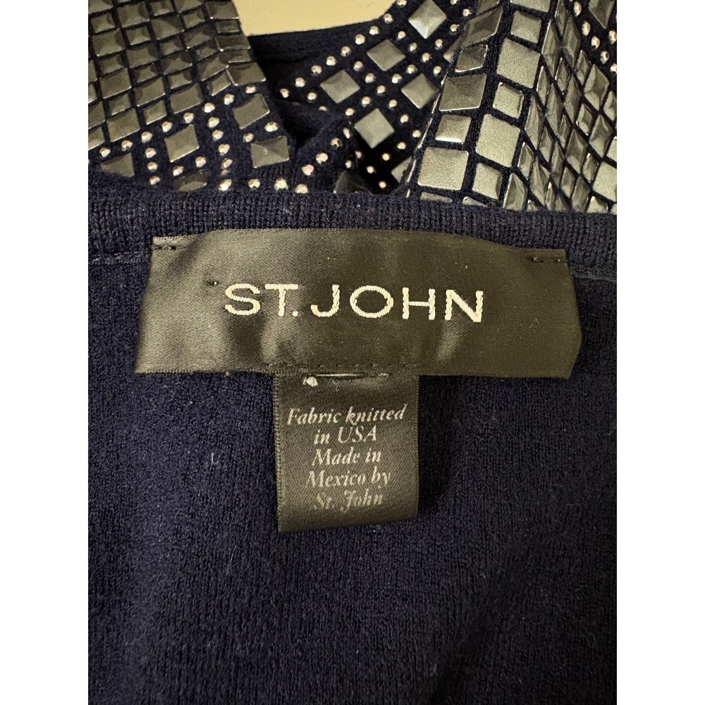 St John Navy Blue Wool Blend Studded Hem Knit Top 3/4 Sleeve Boatneck - Picture 6 of 9